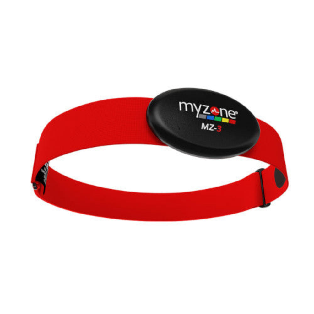 Close-up of the MYZONE MZ-3 heart rate monitor sensor module attached to the red chest strap.