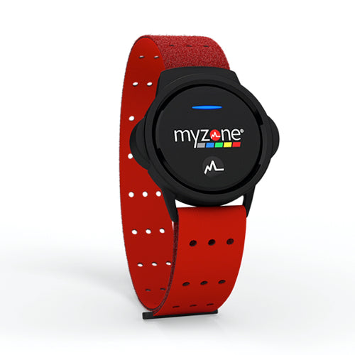MYZONE MZ-Switch interchangeable heart rate monitor with chest strap, wrist strap, and arm strap, configured with arm strap.