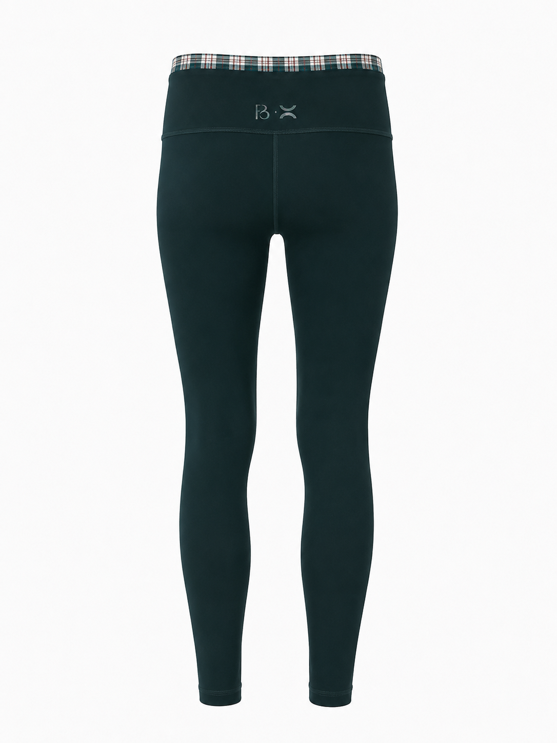 Back view of the Be Fit x Glee Botanic Green Verdant Leggings with a plaid upper waistband and centered logo.