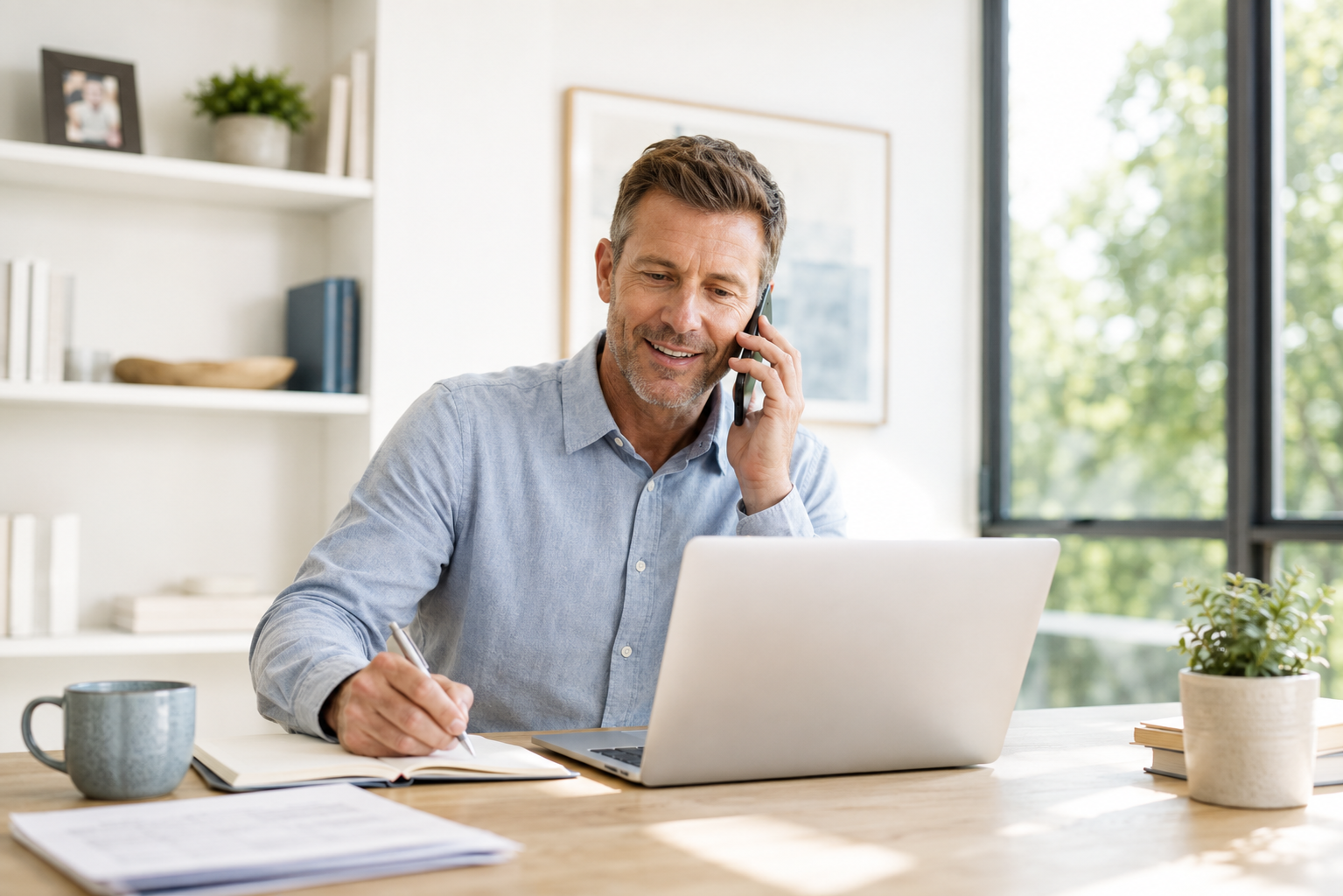 Middle-aged man working from a bright home office with a laptop and notebook while talking on the phone and taking notes.