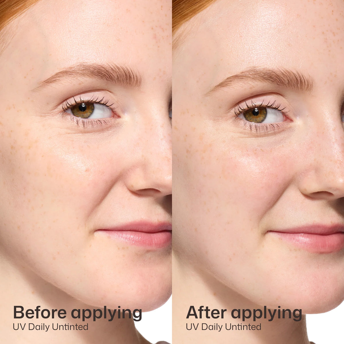Before and after comparison of applying EltaMD UV Daily Broad Spectrum SPF 40 moisturizing sunscreen. 