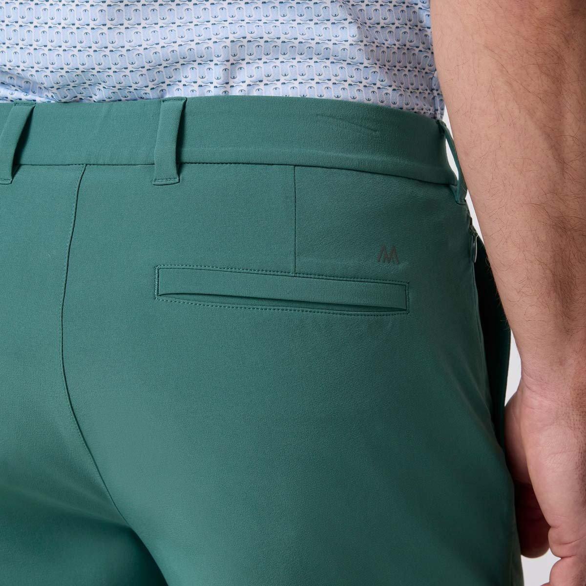 Close-up of the back pocket on the Mizzen+Main Helmsman Short in Balsam (deep green).