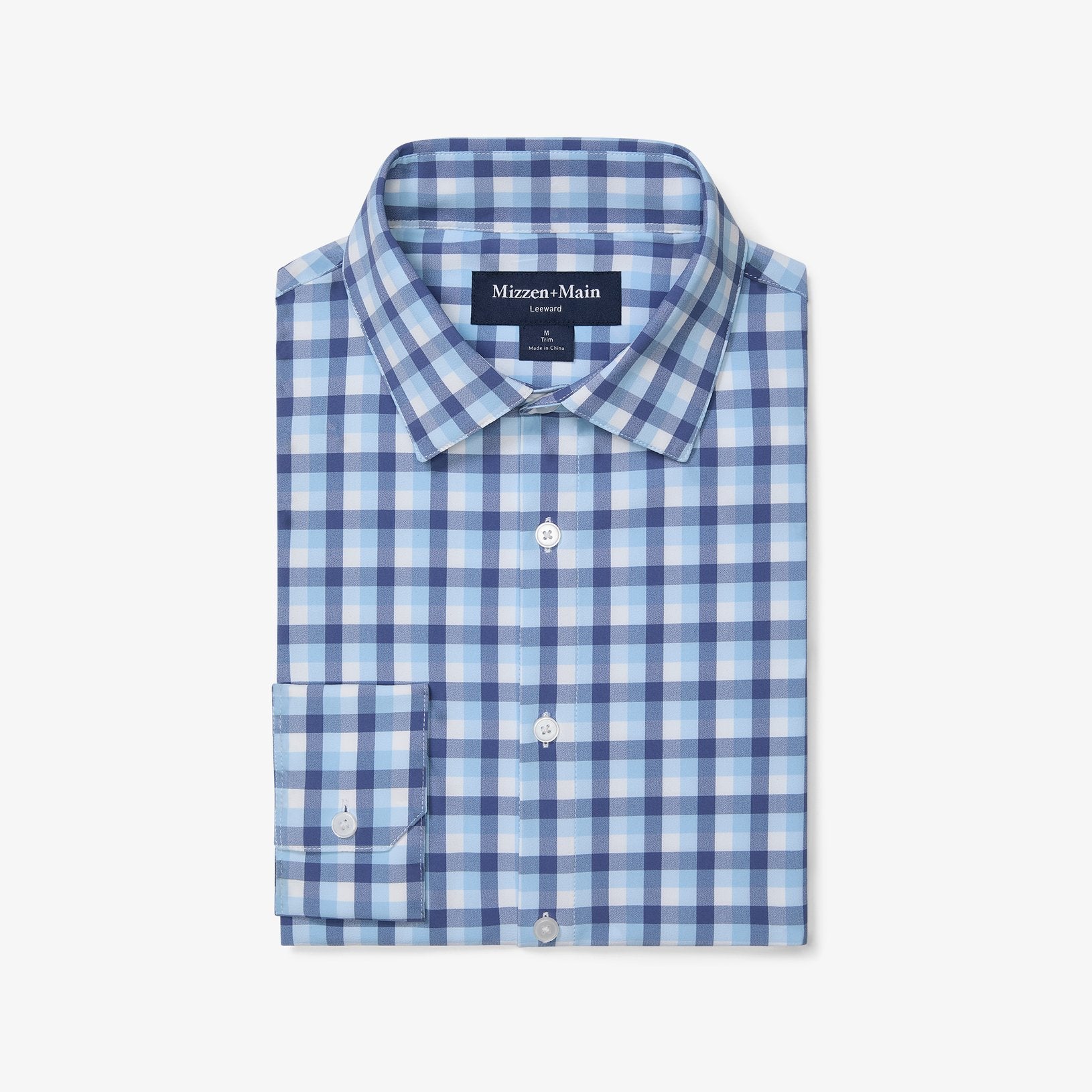 Blue and white checkered shirt with Mizzen+Main label on a white background