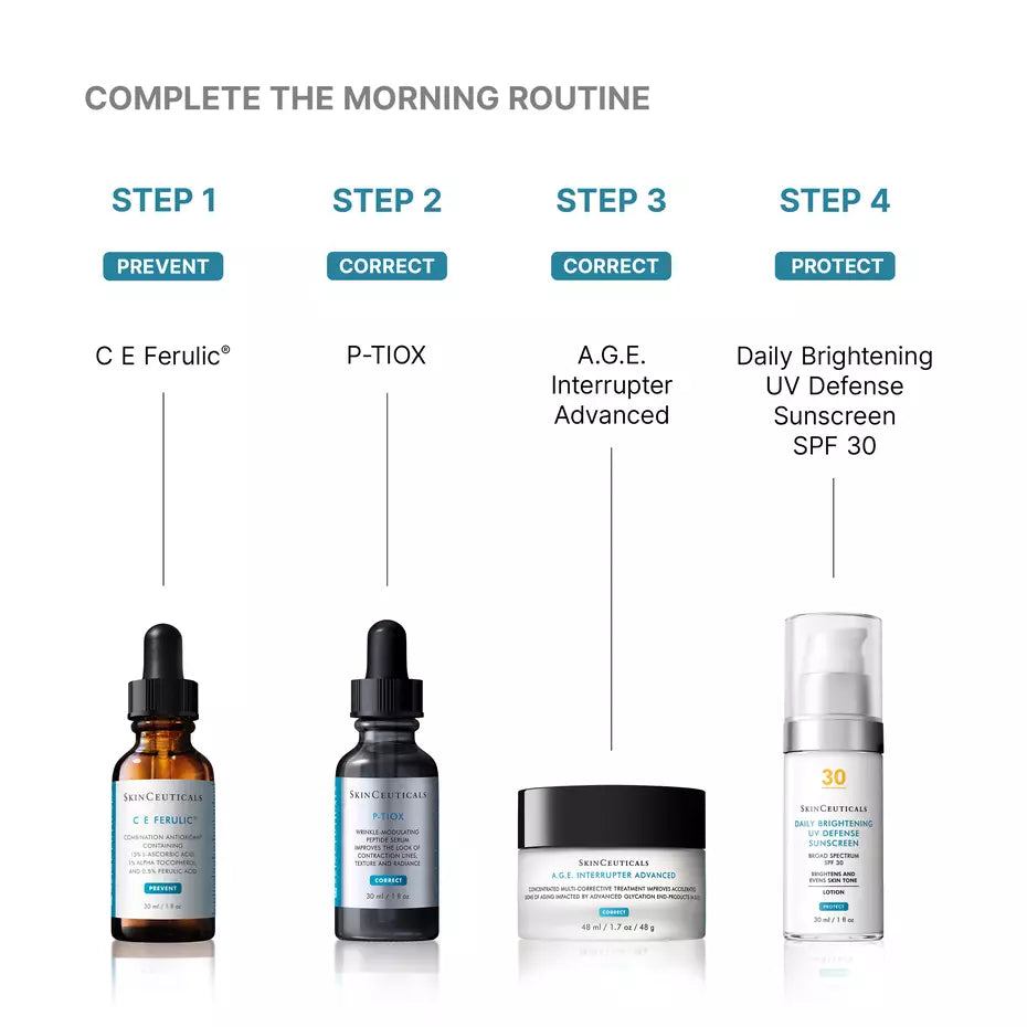 SkinCeuticals morning skin care routine featuring C E Ferulic, P-TIOX, A.G.E. Interrupter Advanced and SPF 30 sunscreen.