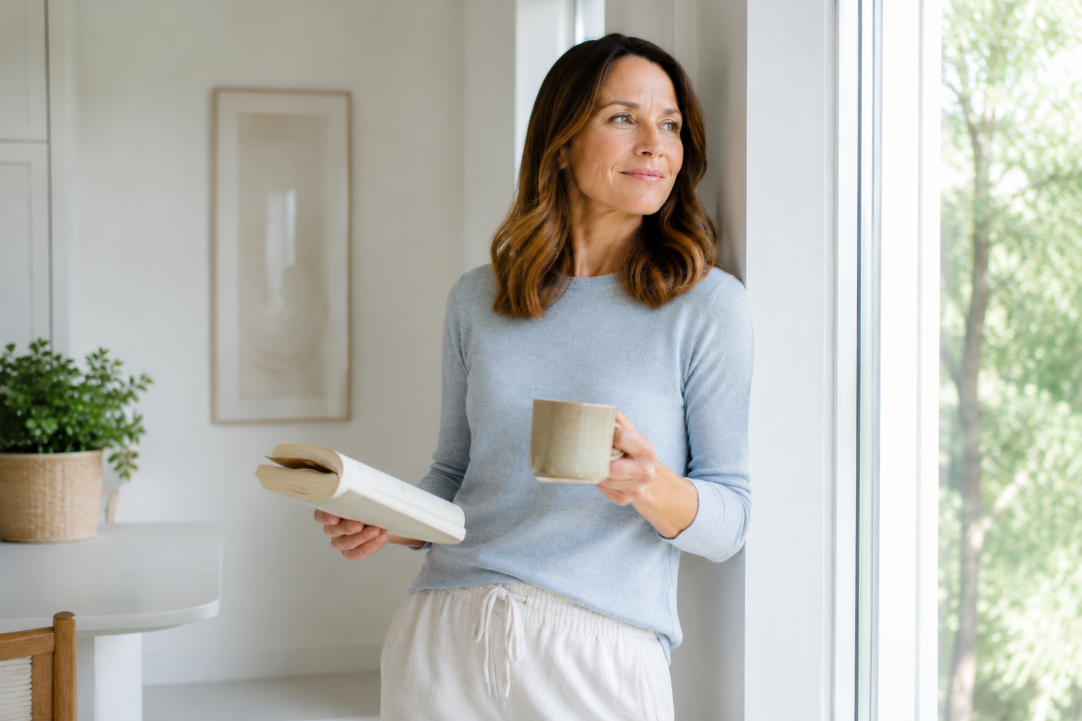 A woman in a light blue sweater and white pants stands by a window holding a mug and an open book in a bright, modern room.