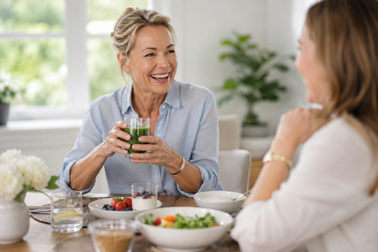 A smiling woman in a light blue button-up shirt holds up a glass of green juice while sitting at a dining table with bowls of fruit and vegetables, conversing with another woman in a bright, modern kitchen setting.