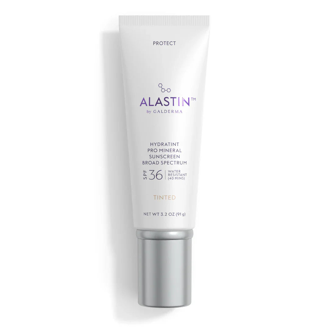 A white squeeze tube of Alastin by Galderma Hydratint Pro Mineral Tinted Water Resistant Sunscreen Broad Spectrum SPF , 3.2 oz.