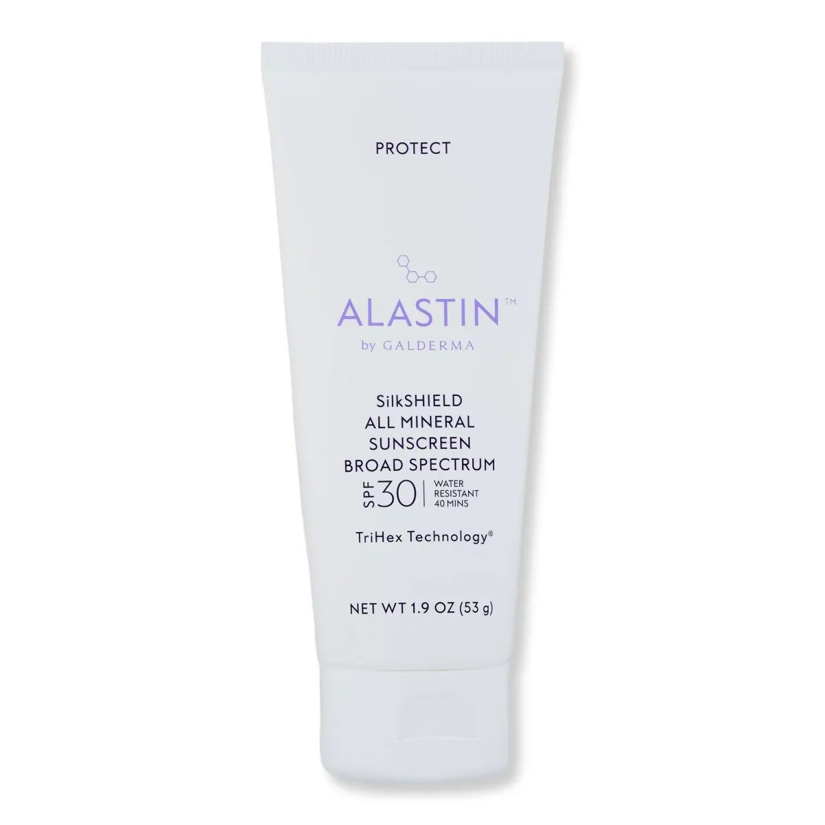 A white squeeze tube of Alastin by Galderma SilkShield All Mineral Water Resistant Sunscreen Broad Spectrum SPF 30 with TriHex Technology, 1.9 oz.