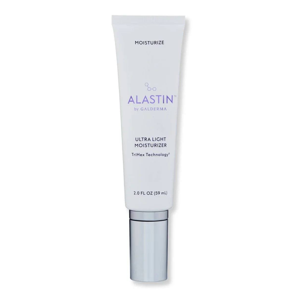 A white squeeze tube of Alastin by Galderma Ultra Light Moisturizer with TriHex Technology, 2 fl oz.