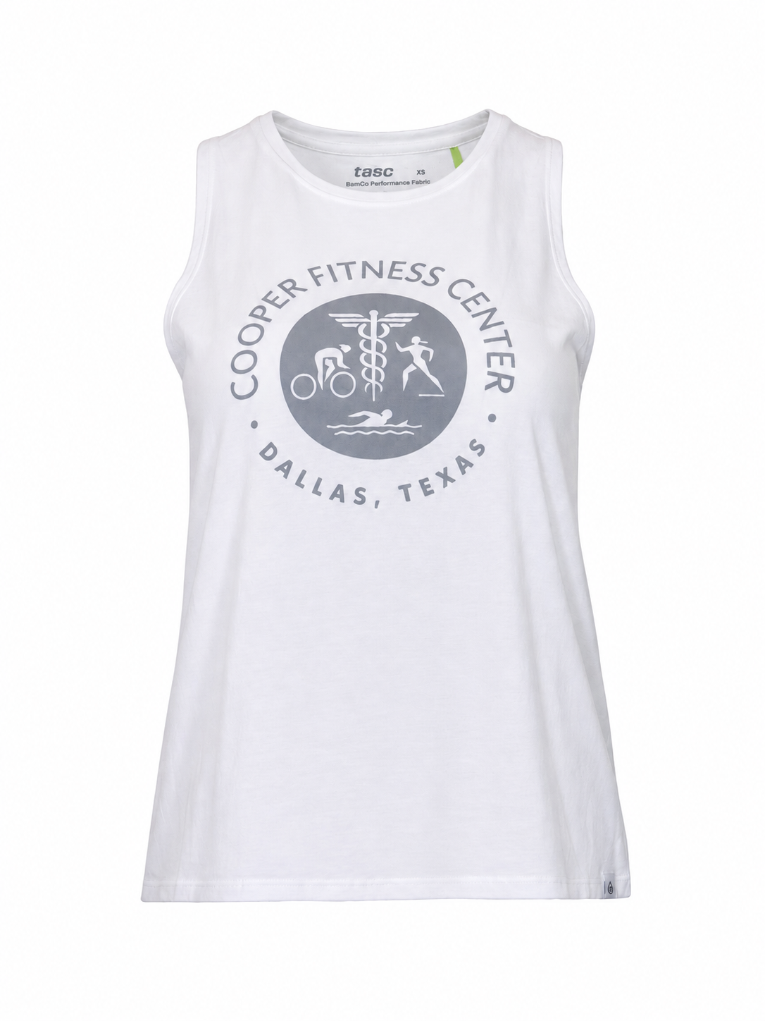 Front view of Cooper Fitness Center Logo All Day Tank in White. 