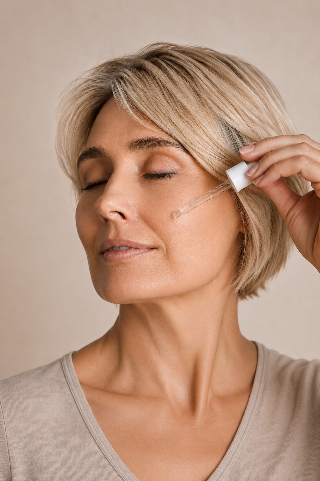 Close-up of a woman applying facial serum with a dropper to her cheek during a daily skincare routine.