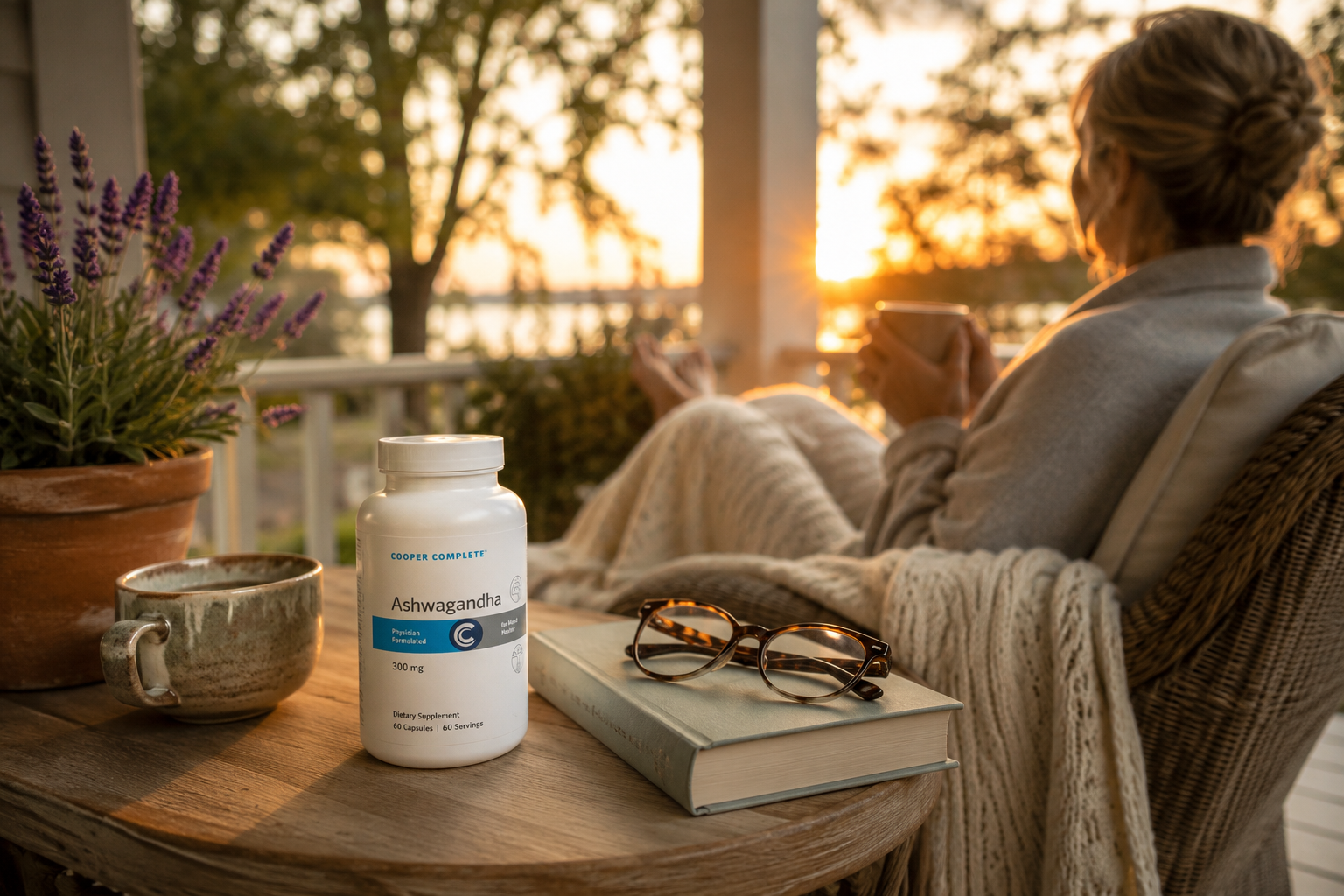 A woman relaxes on a porch at sunset while holding a mug, with a bottle of Cooper Complete Ashwagandha capsules and a book on a wooden table beside her.