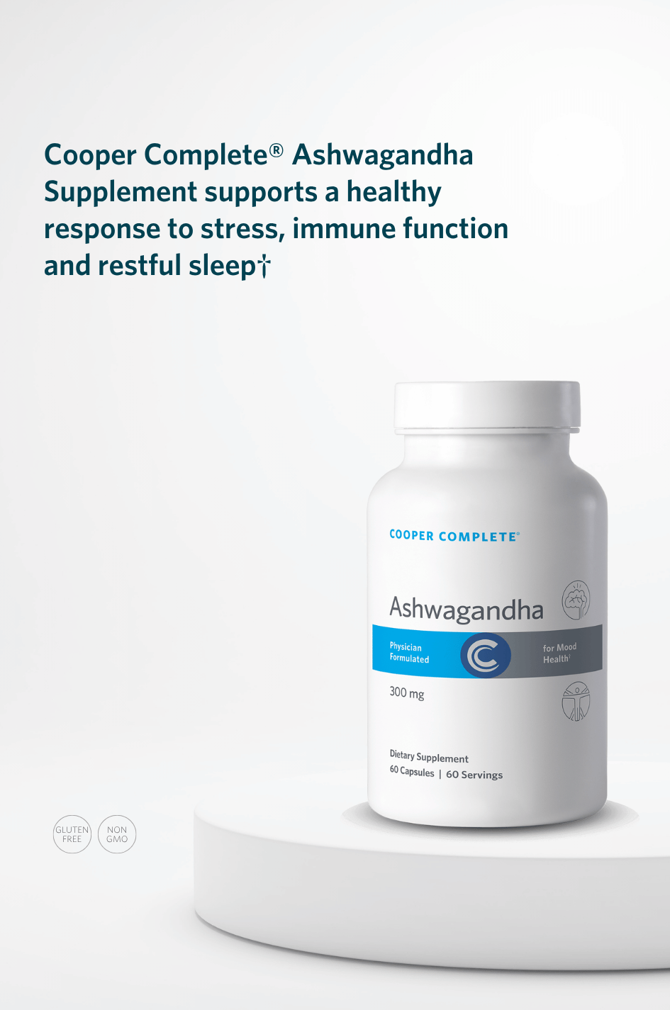 Cooper Complete Ashwagandha supplement bottle with key product benefits.