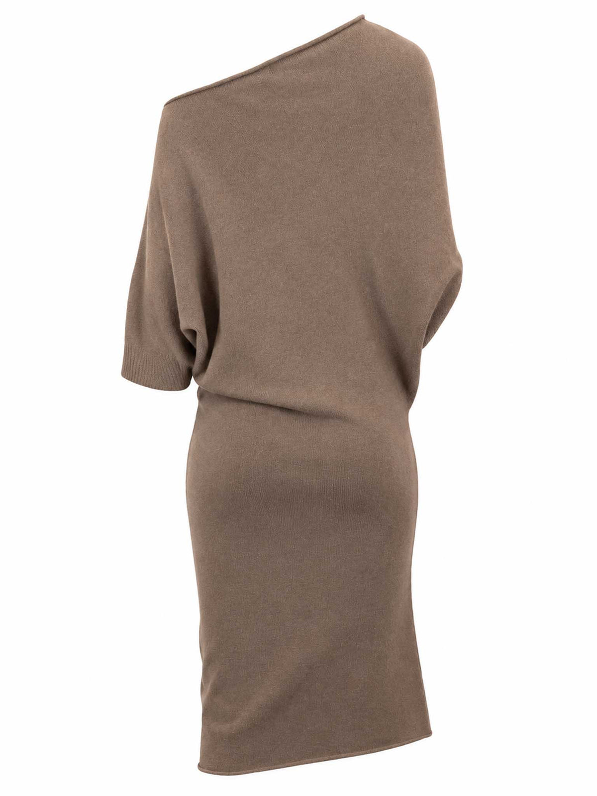 Back view of Be Fit women's Asymmetrical Sweater Dress in Dark Mocha. 