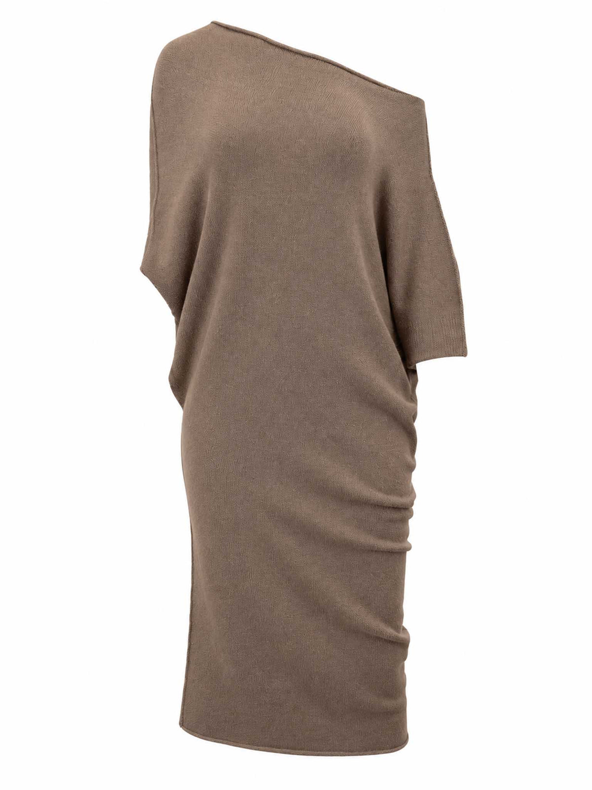 Front view of Be Fit women's Asymmetrical Sweater Dress in Dark Mocha. 