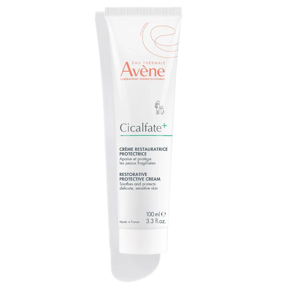 A white squeeze tube of Avène Cicalfate Restorative Protective Cream to sooth and protect delicate, sensitive skin, 3.3 fl oz.