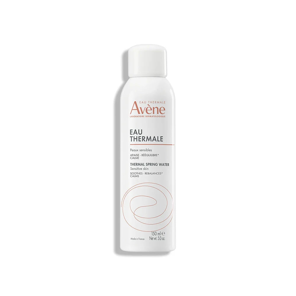 A white bottle of Avène Eau Thermale Thermal Spring Water facial mist for sensitive skin to soothe, rebalance, and calm, 5 oz.