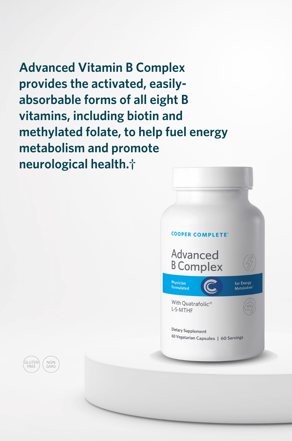 Cooper Complete Advanced B Complex supplement bottle with key product benefits.