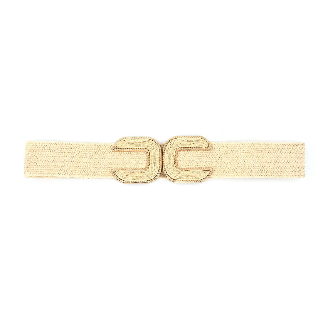 B&C Bags woven raffia-style stretch belt in Beige (cream) with a round buckle and gold accents.