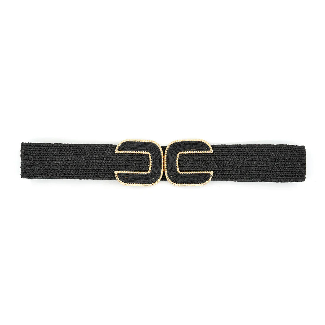 B&C Bags woven raffia-style stretch belt in Black with a round buckle and gold accents.