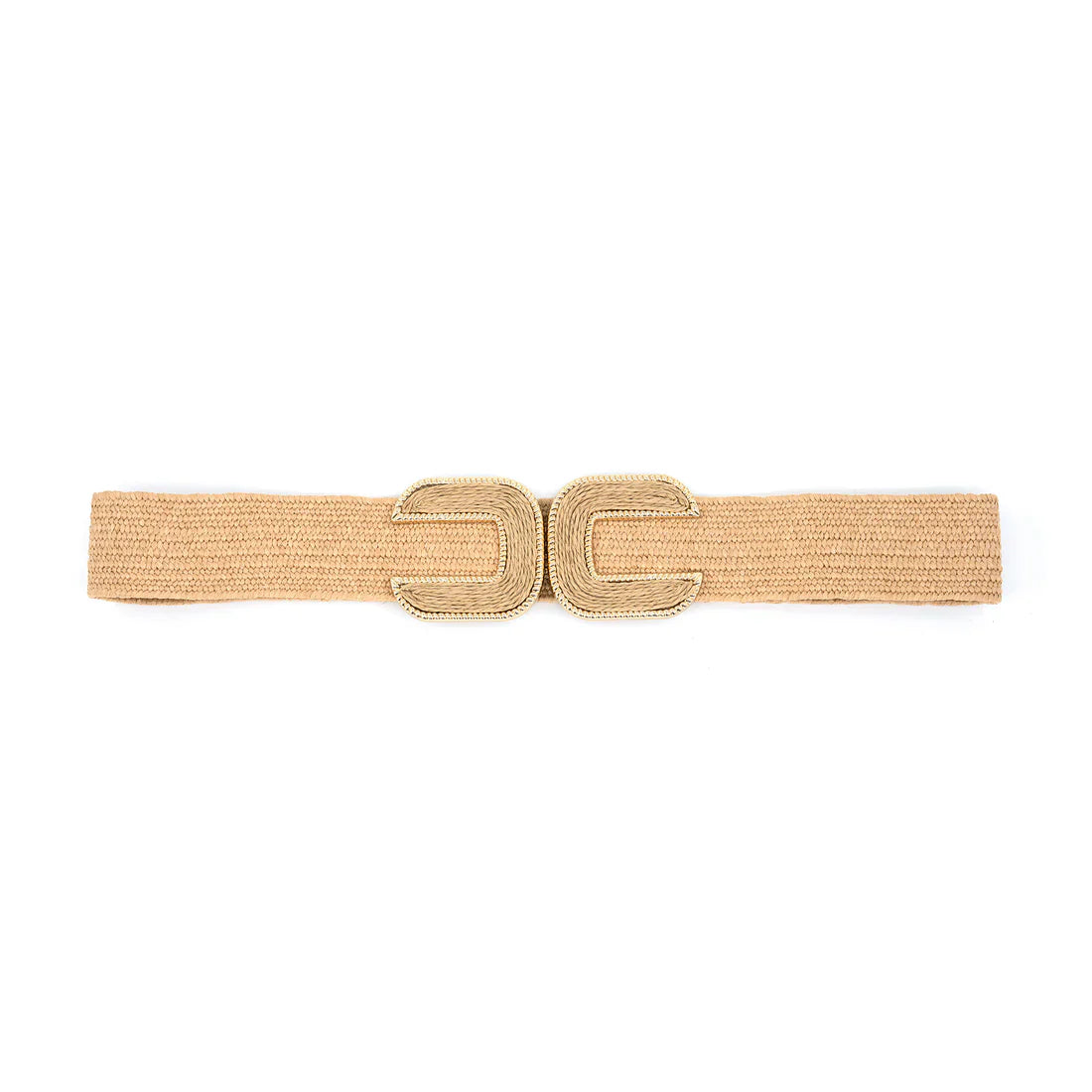 B&C Bags woven raffia-style stretch belt in Khaki with a round buckle and gold accents.