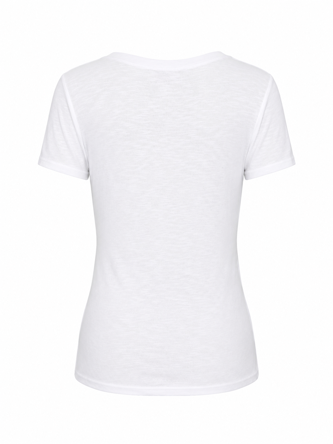 Be Fit white Baby Rib V-Neck Tee, back view with short sleeves and a straight hem