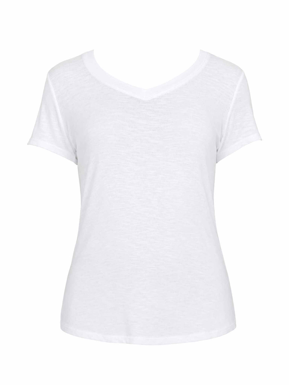 Be Fit white Baby Rib V-Neck Tee, front view with short sleeves and soft cotton rib texture
