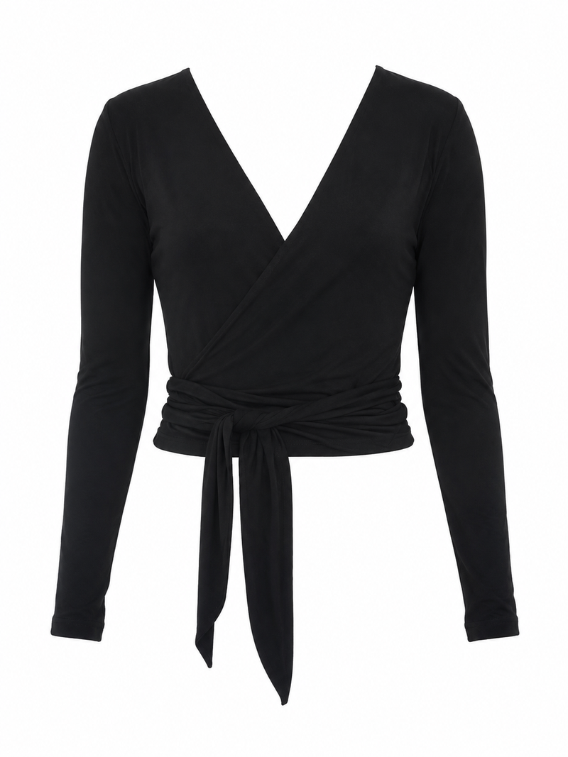Front view of the black onyx Be Fit x Glee Ballerina Wrap with long sleeves, a V-neckline and an adjustable waist tie.