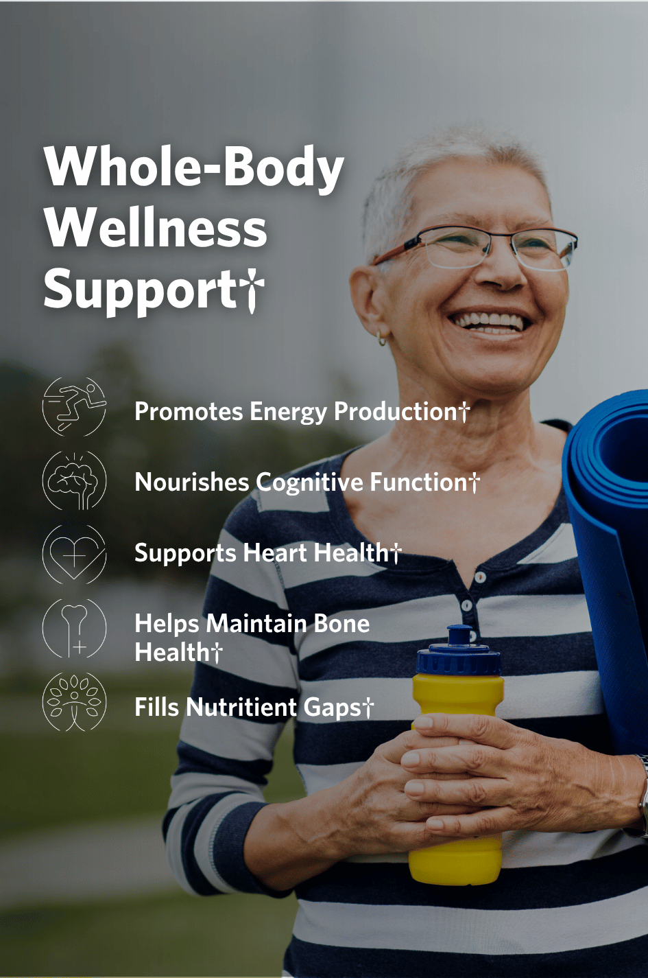 Woman with a yoga mat and water bottle, promoting whole-body wellness support with Cooper Complete Basic One Daily Iron Free Multivitamin supplements.