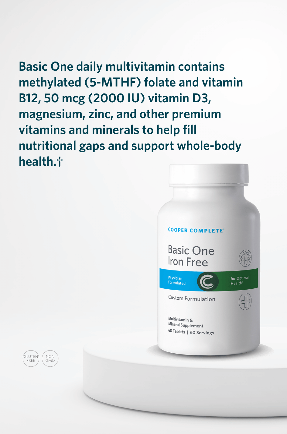 Cooper Complete Basic One Daily Multivitamin Iron Free supplement bottle with key product benefits.