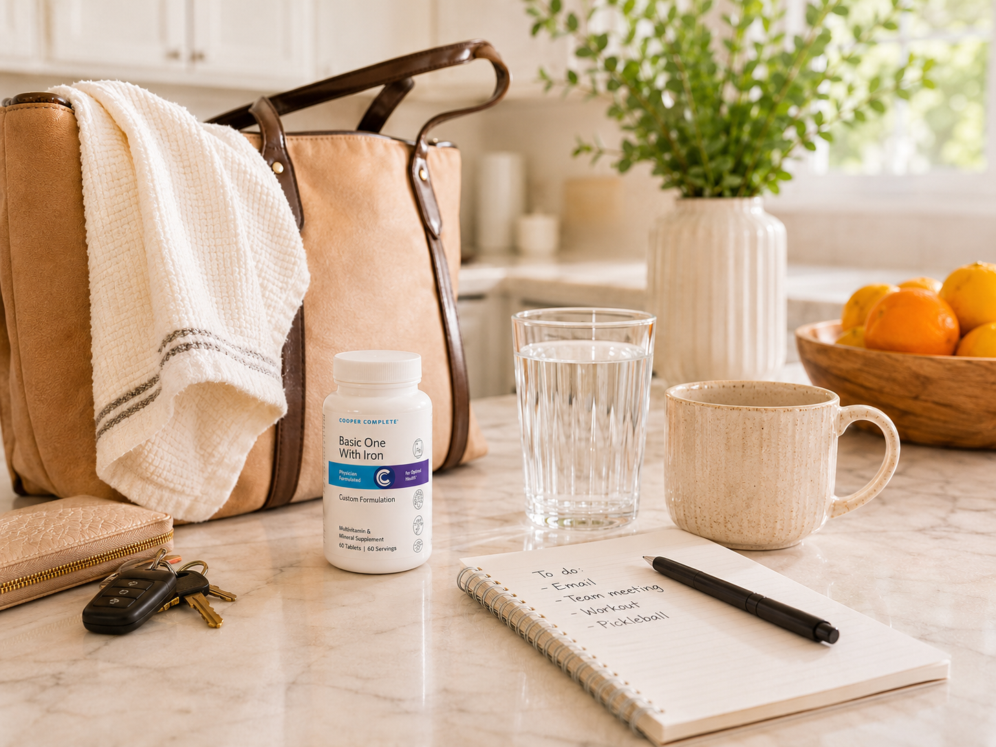 A beige tote bag with dark brown leather handles sits on a marble countertop beside a white towel, a bottle of Cooper Complete Basic One With Iron daily multivitamin, a glass of water, a ceramic mug, keys, a notebook, and a bowl of oranges, with a blurred kitchen background.