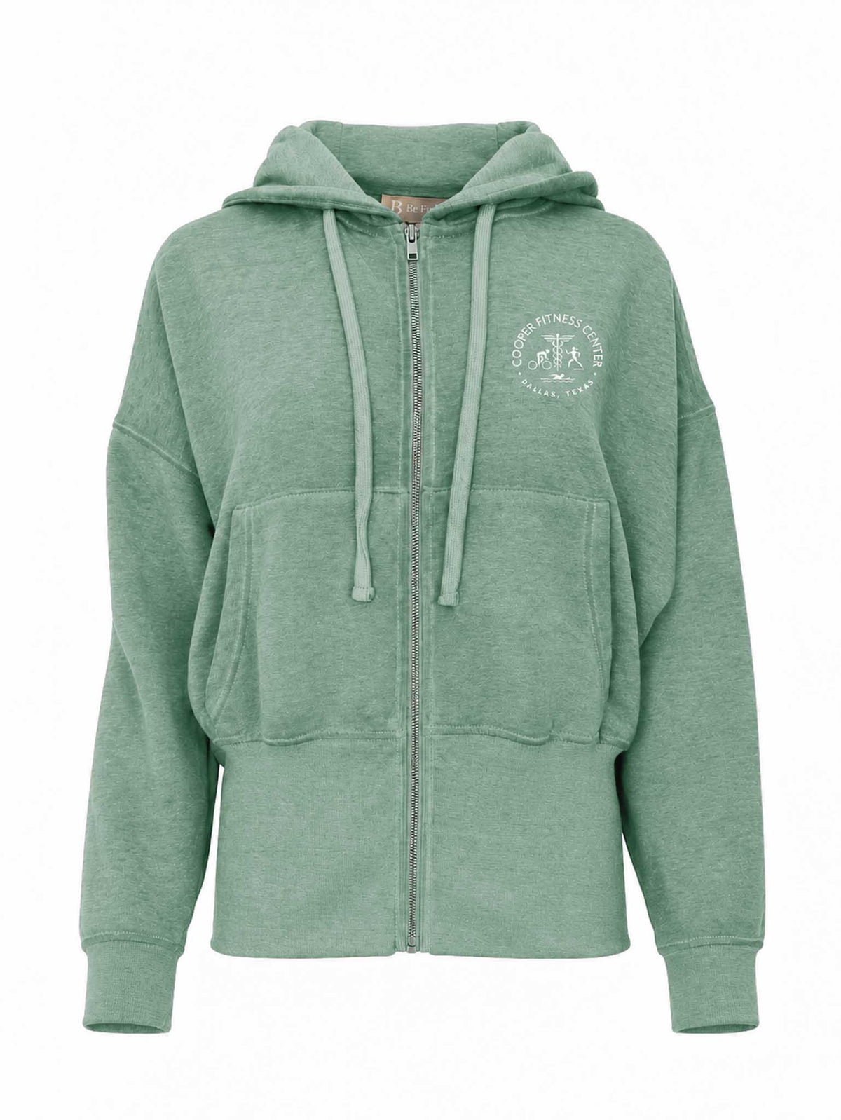 Front view of Be Fit Women's CFC Logo Fleece Hoodie in Moss Green. 