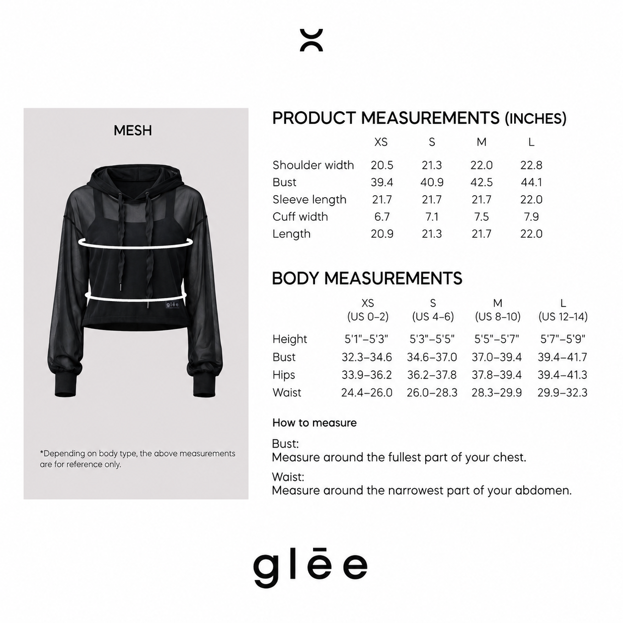 Be Fit x Glee top size guide with shoulder, bust, sleeve, cuff, length and body measurements for sizes XS through L.
