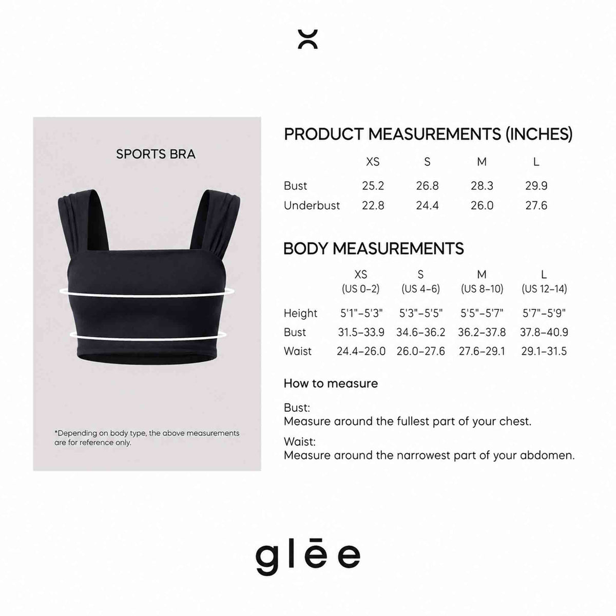 Be Fit x Glee sports bra size guide with bust, underbust, waist, and height measurements for sizes XS through L.