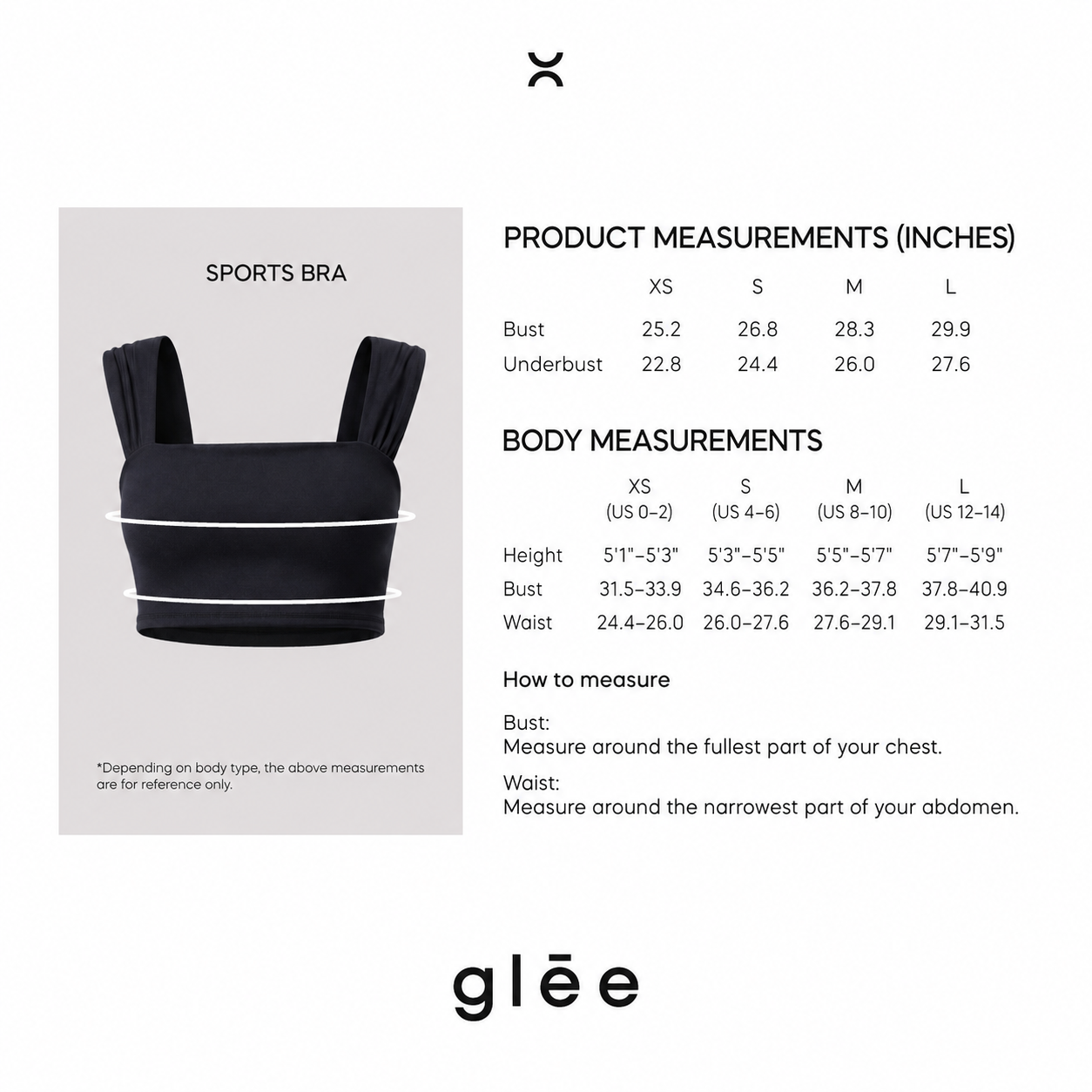 Be Fit x Glee sports bra size guide with bust, underbust, waist, and height measurements for sizes XS through L.