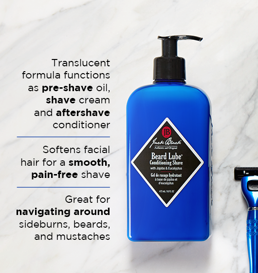 Jack Black Beard Lube benefits highlighting its 3-in-1 use as a pre-shave oil, shave cream and aftershave conditioner for softening facial hair.