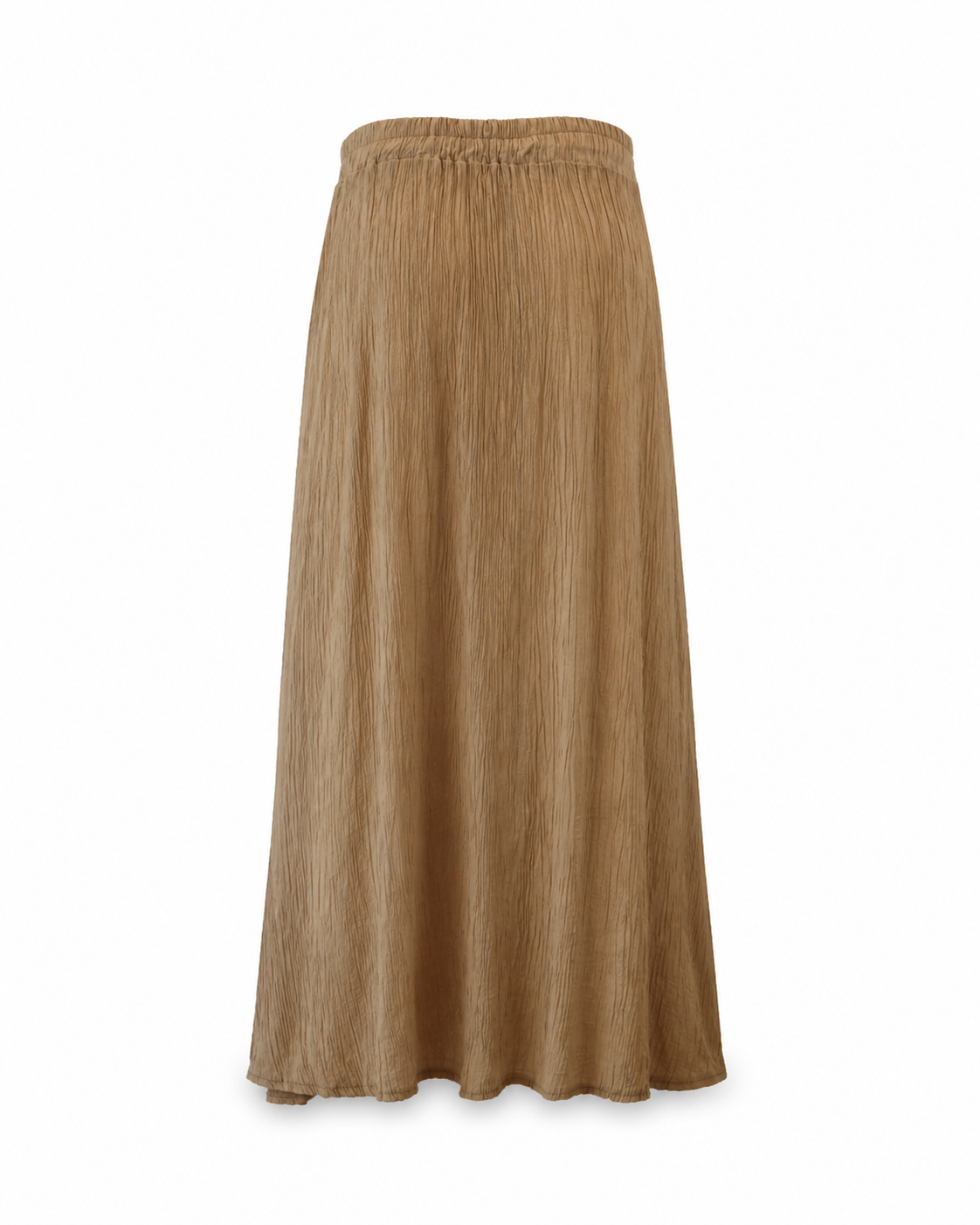 Back view of the Be Fit camel crinkle maxi skirt with an elastic waistband and softly flared hem.