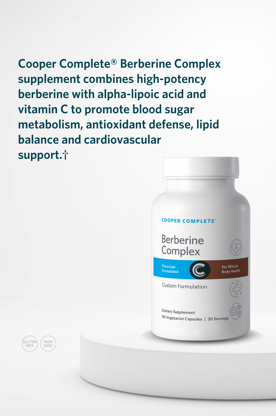 Cooper Complete Berberine Complex supplement container on a white background with text about its benefits.