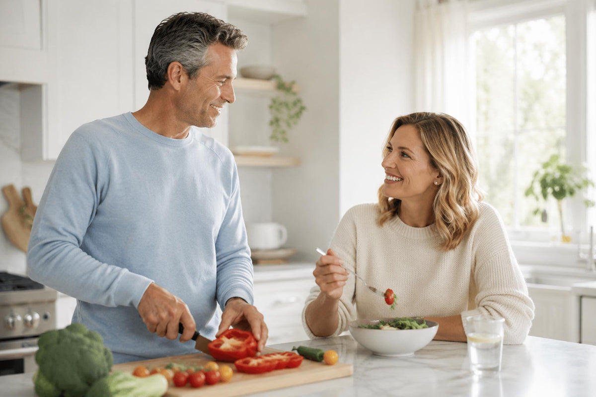 A smiling couple in a bright, modern kitchen. The man on the left wears a light blue long-sleeve shirt and is cutting a red bell pepper on a wooden board, while the woman on the right wears a cream knit sweater and holds a fork with food over a bowl.