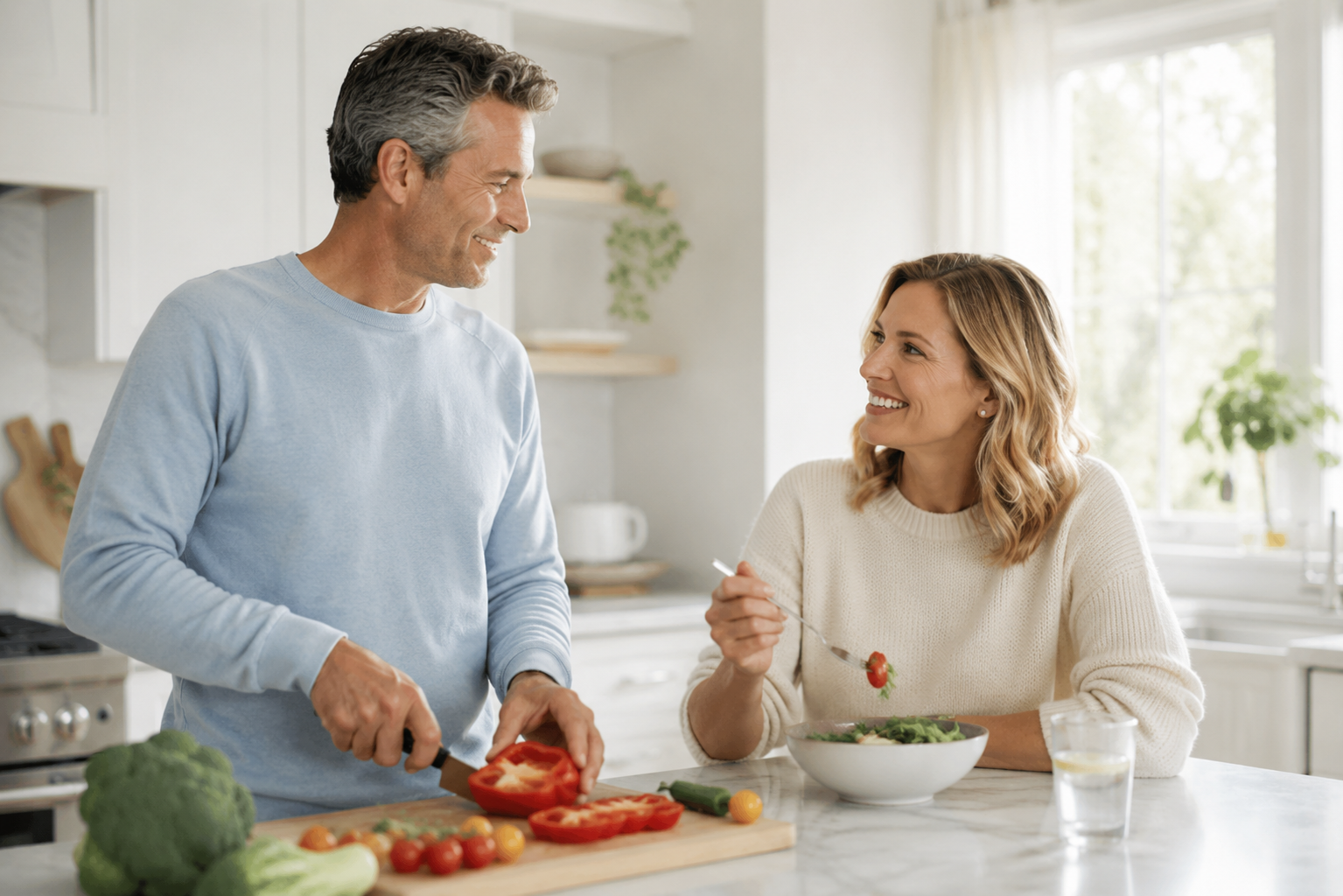 A smiling couple in a bright, modern kitchen. The man on the left wears a light blue long-sleeve shirt and is cutting a red bell pepper on a wooden board, while the woman on the right wears a cream knit sweater and holds a fork with food over a bowl.
