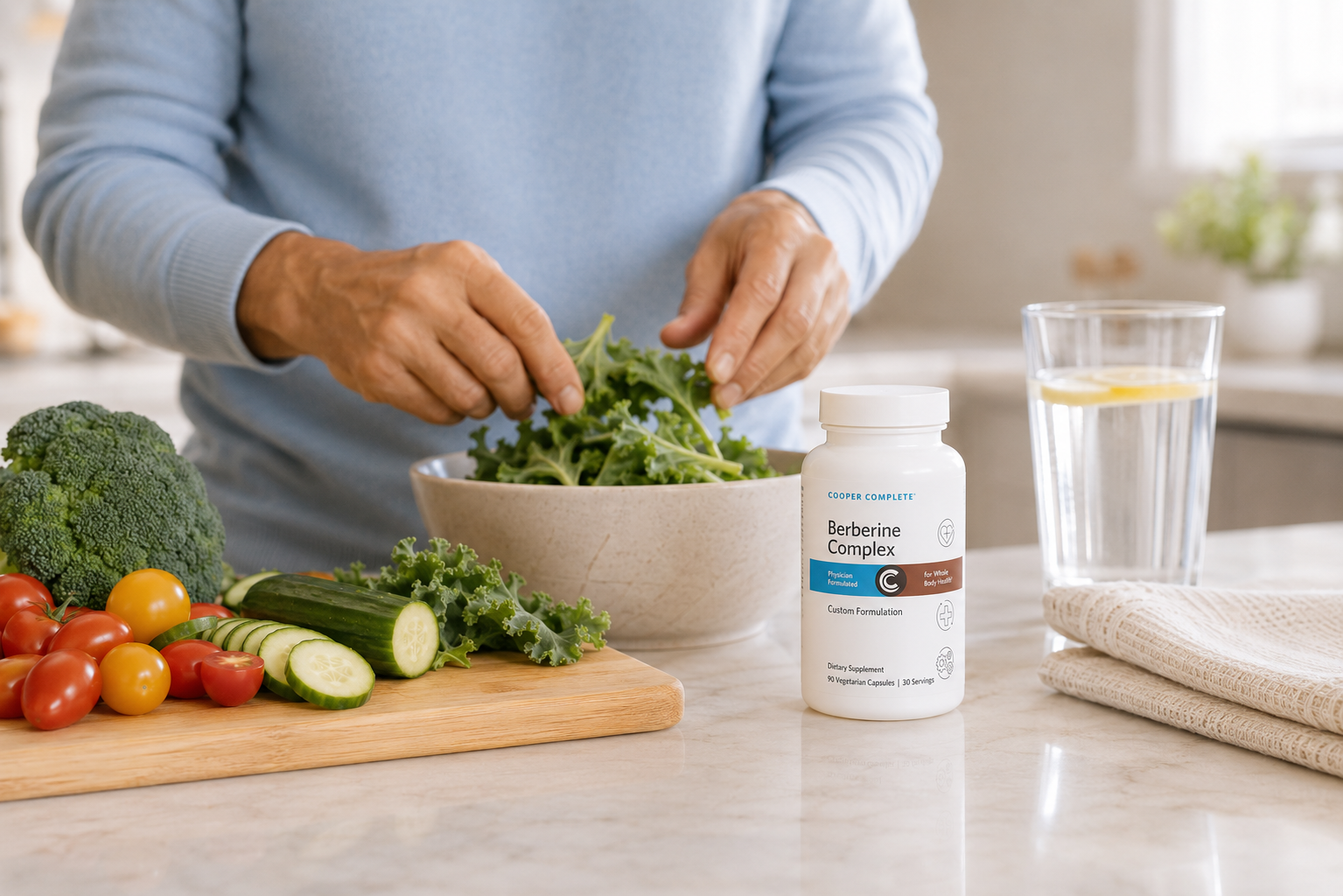 A man in a light blue sweater is preparing a green salad in a bowl on a kitchen counter, with a bottle of Cooper Complete Berberine Complex supplement and fresh vegetables nearby.