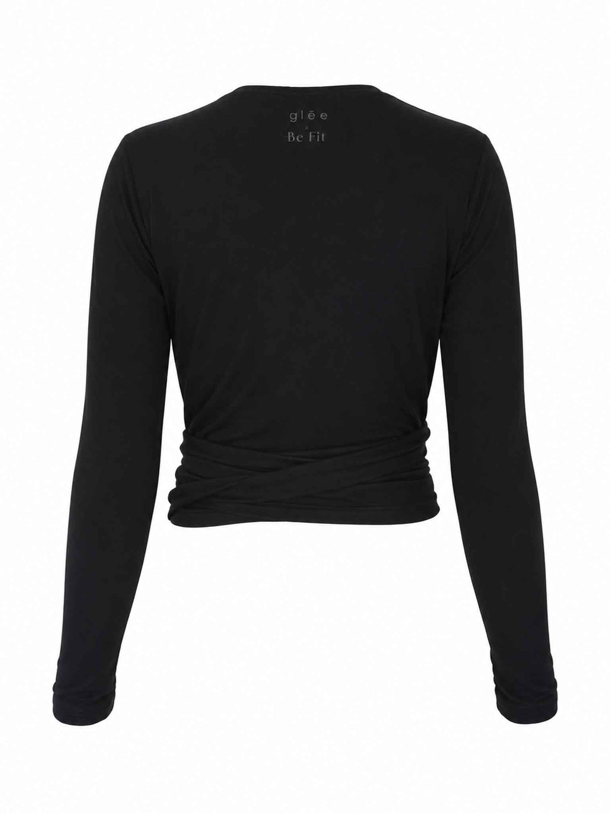 Back view of the black onyx Be Fit x Glee Ballerina Wrap with long sleeves, a V-neckline and an adjustable waist tie.