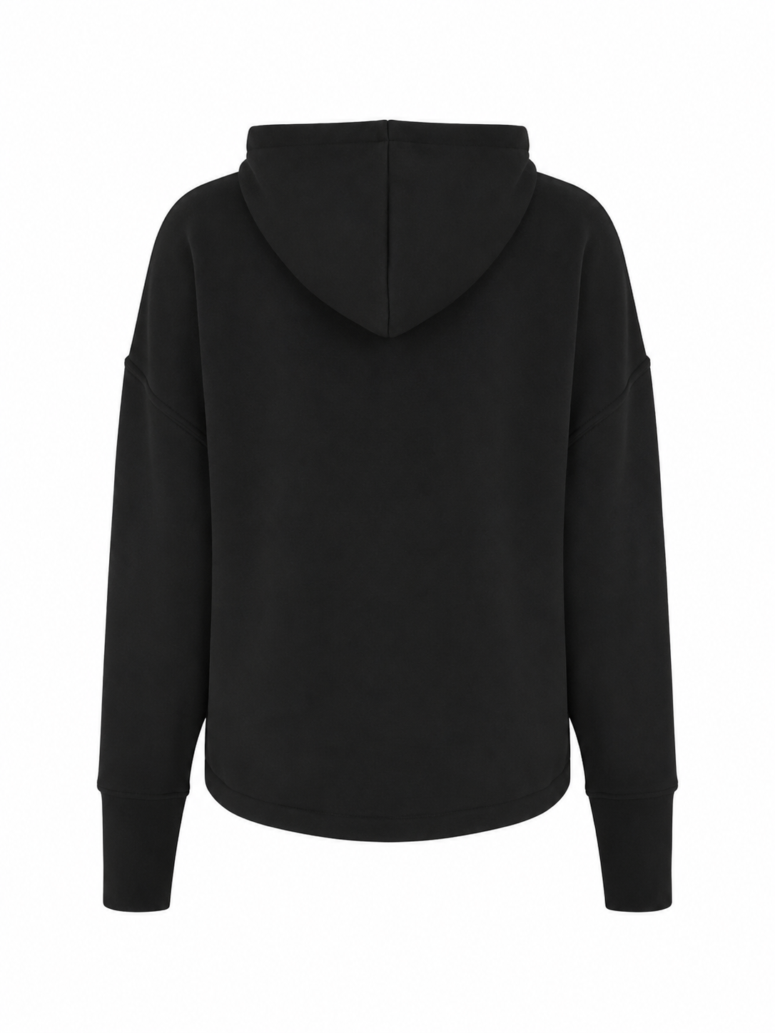 Back view of the Be Fit x Glee black Onyx Raincoat with a hood, dropped shoulders and curved hem.