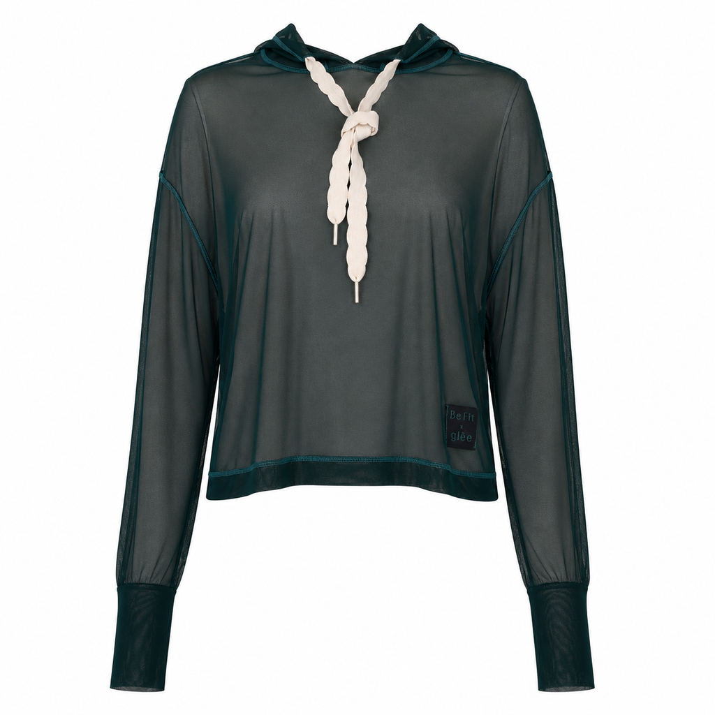 Front view of the Be Fit x Glee botanic green sheer mesh hoodie with long sleeves, wide cuffs and a contrasting cream braided drawstring.