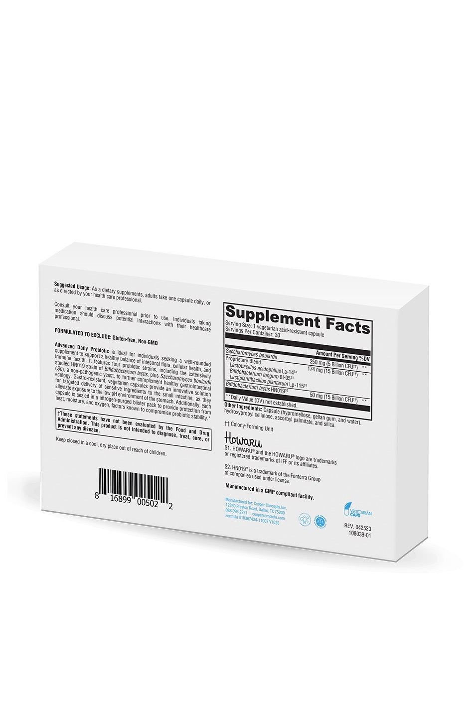 Cooper Complete Advanced Daily Probiotic Supplement box with label showing 'Supplement Facts' on a white background