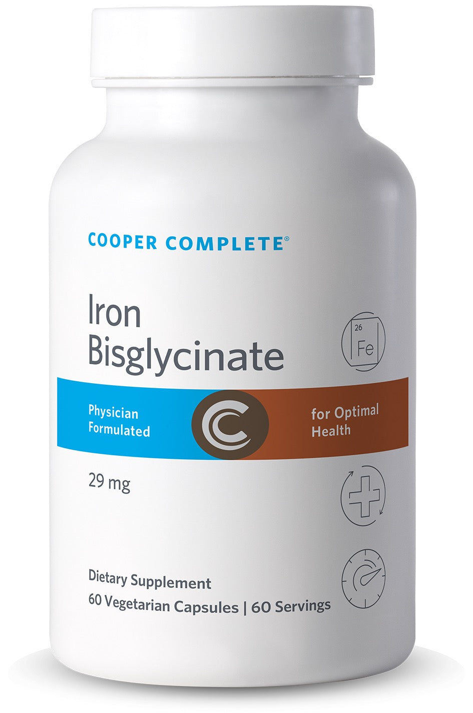 Cooper Complete Iron Bisglycinate 29 mg dietary supplement bottle on a white background