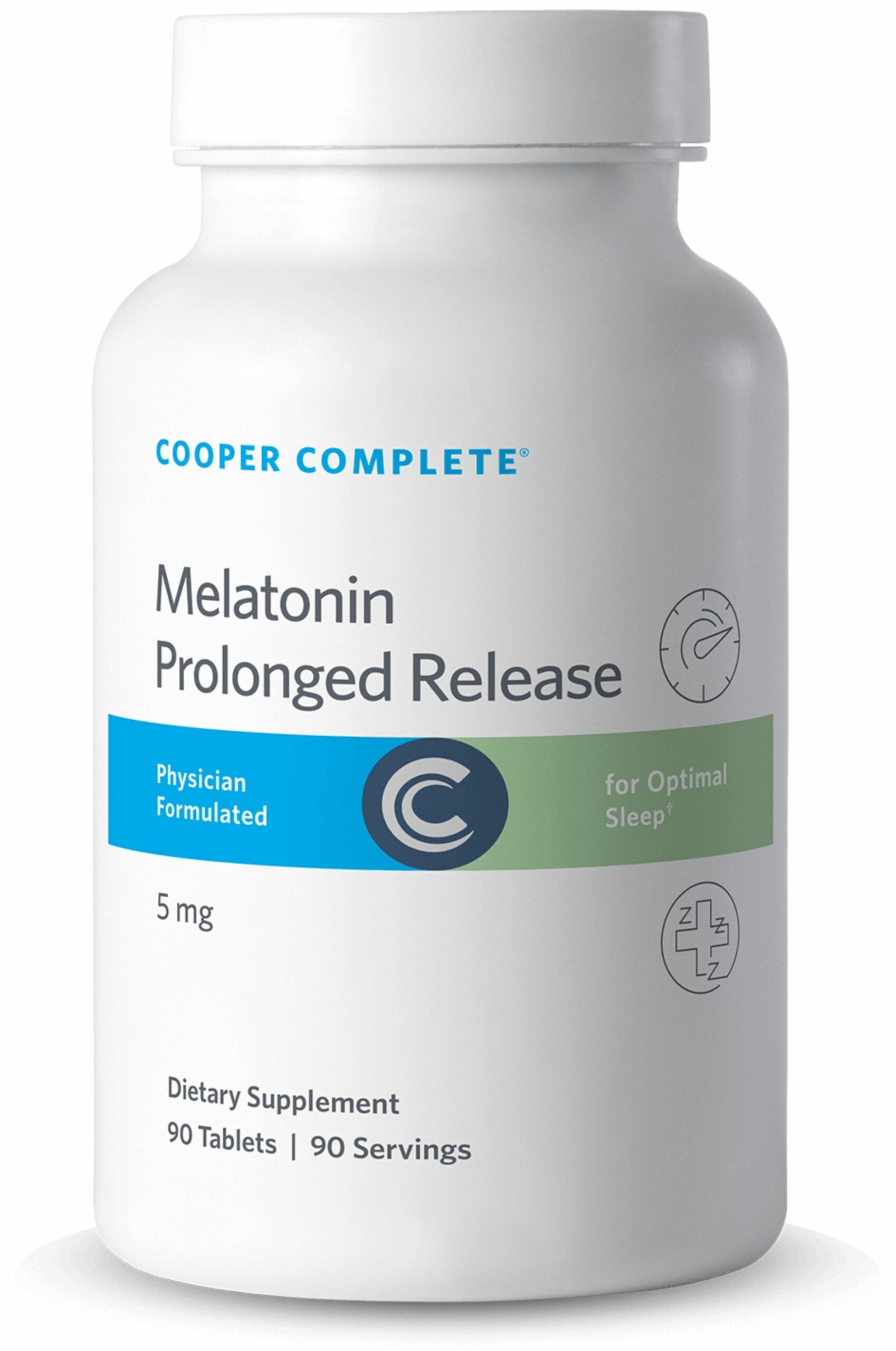 Cooper Complete Prolonged Release Melatonin supplement bottle on a white background.