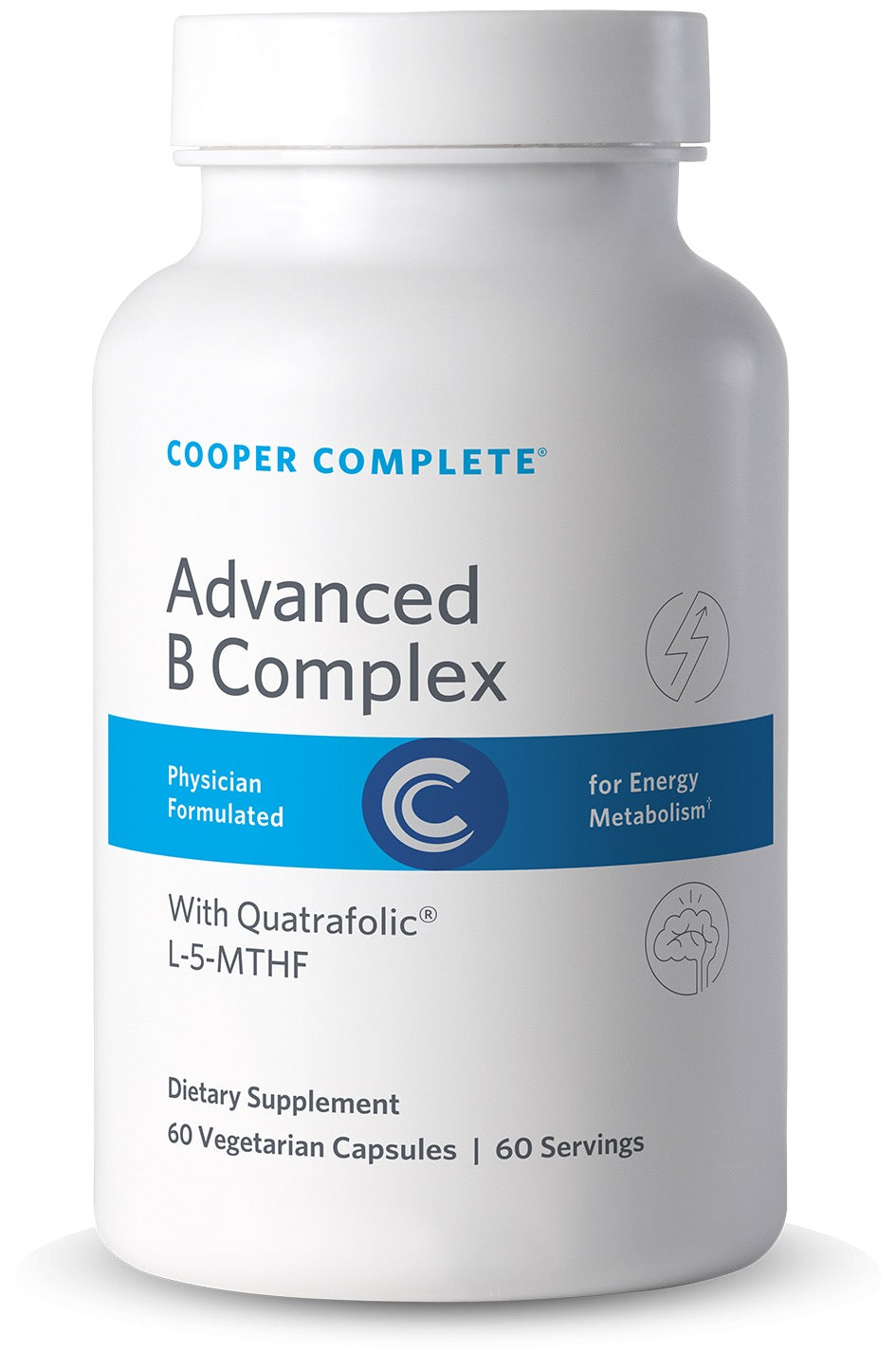 Cooper Complete Advanced B Complex supplement bottle on a white background.