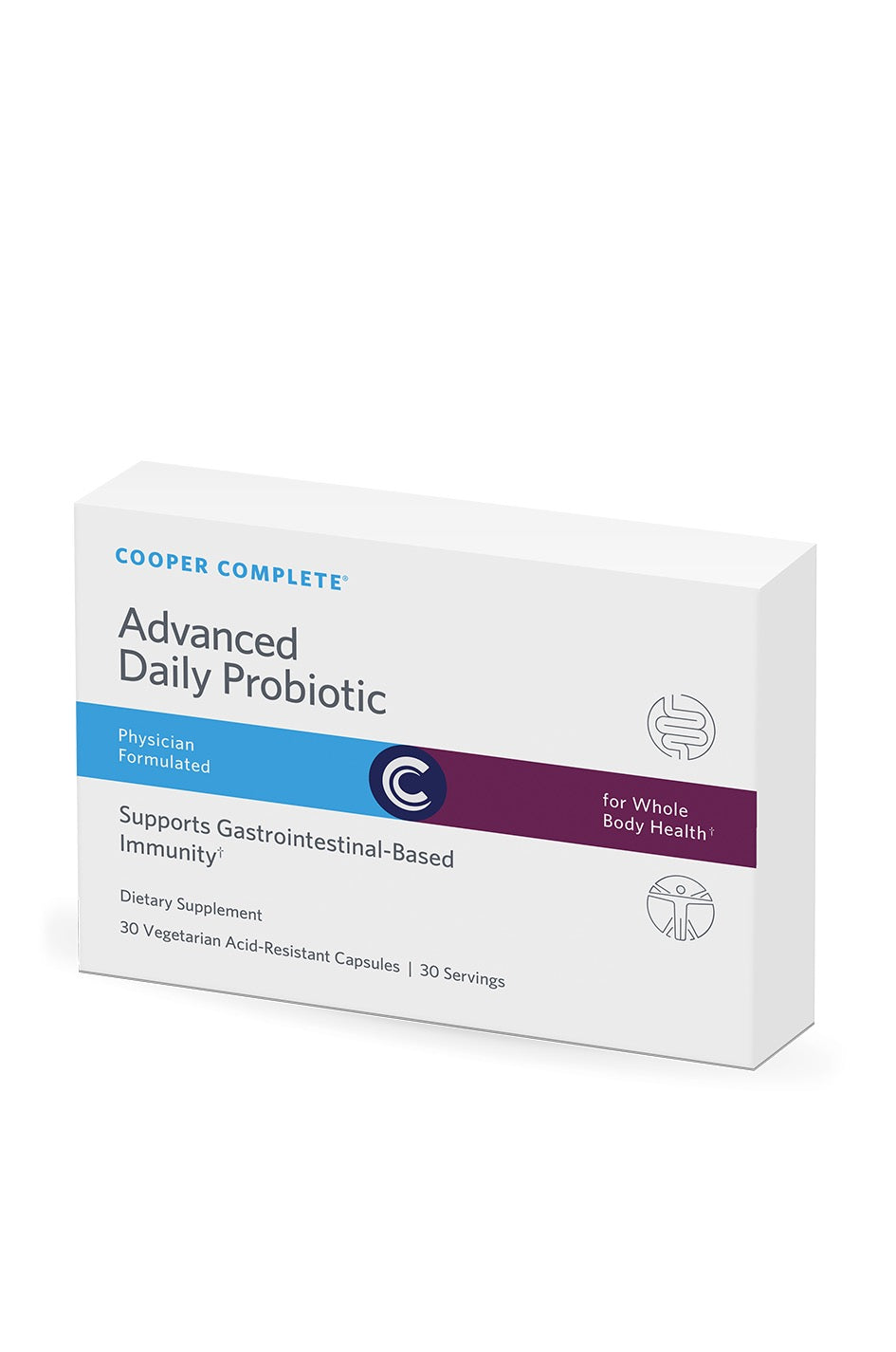 Cooper Complete Advanced Daily Probiotic supplement bottle on a white background.