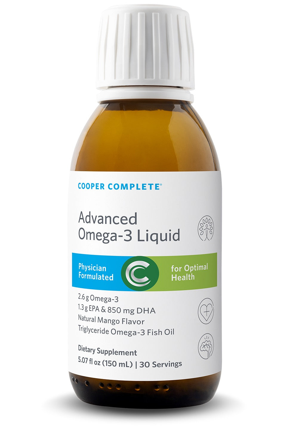 Cooper Complete mango-flavored Advanced Omega-3 Liquid supplement bottle on a white background.